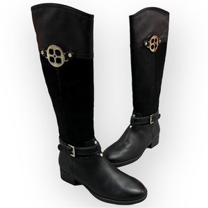 IMAN - Leather & Faux Fur - Black & Gold Accent Knee High Riding Boots - Size 8